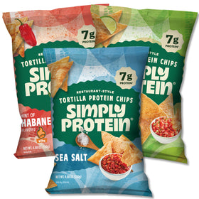 Simply Protein tortilla chips Sea Salt bag with crisp texture and protein boost for snacking