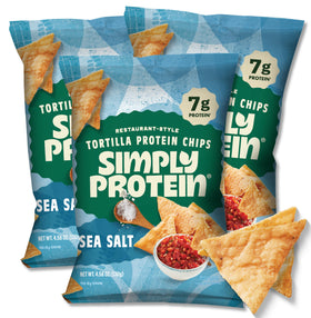 Simply Protein Tortilla Chips Sea Salt front of three-pack display highlighting protein