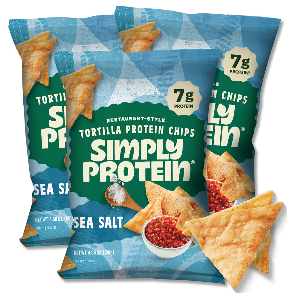 Simply Protein Tortilla Chips Sea Salt front of three-pack display highlighting protein