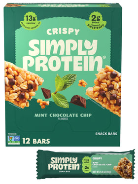 Simply Protein Mint Chocolate Chip Crispy Bar wrapped for on-the-go fuel and flavor.