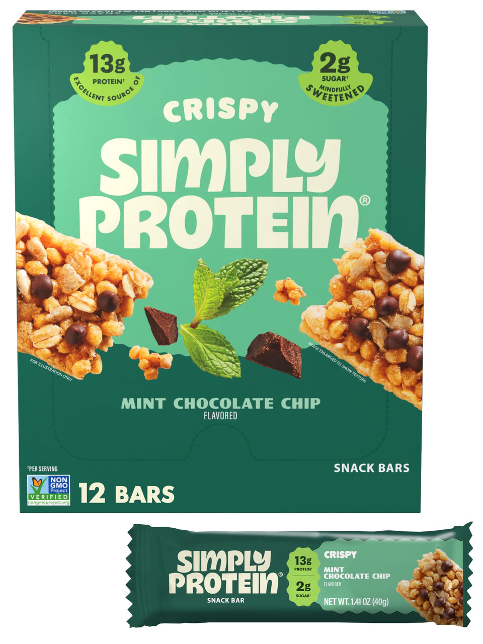 Simply Protein Mint Chocolate Chip Crispy Bar wrapped for on-the-go fuel and flavor.