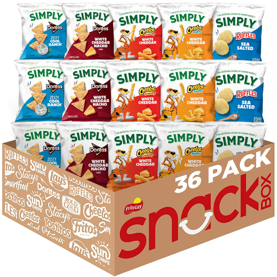 Simply Snacks variety-pack box showing 36 bags for easy sharing.
