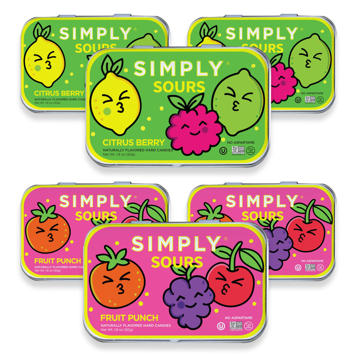SIMPLY Sours variety-pack tins on display, vegan and non-GMO candy