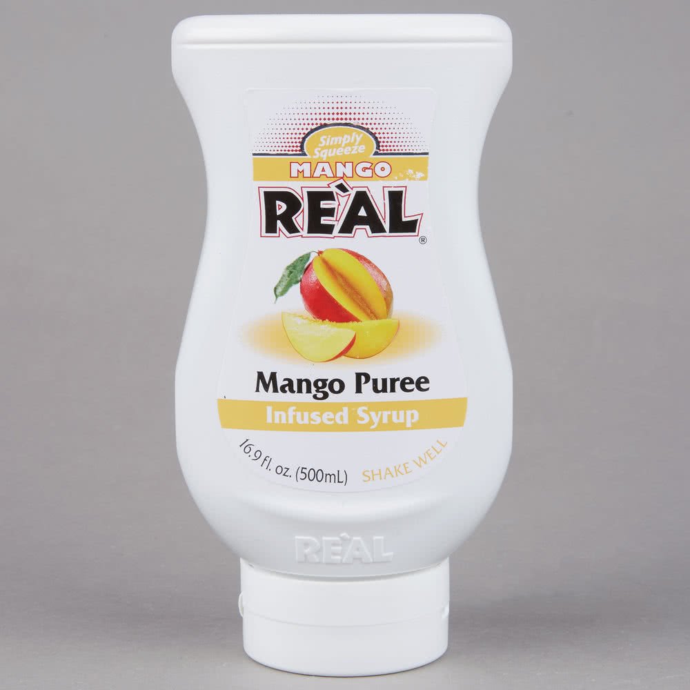 Simply Squeeze Mango Real-Puree Infused Syrup bottle ideal for tropical cocktails and desserts.