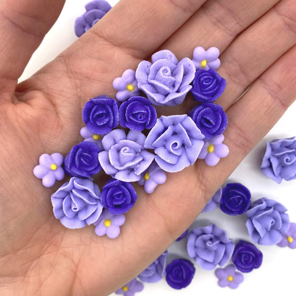Simply Sucré small edible roses for lavender sugar accents and dessert decoration