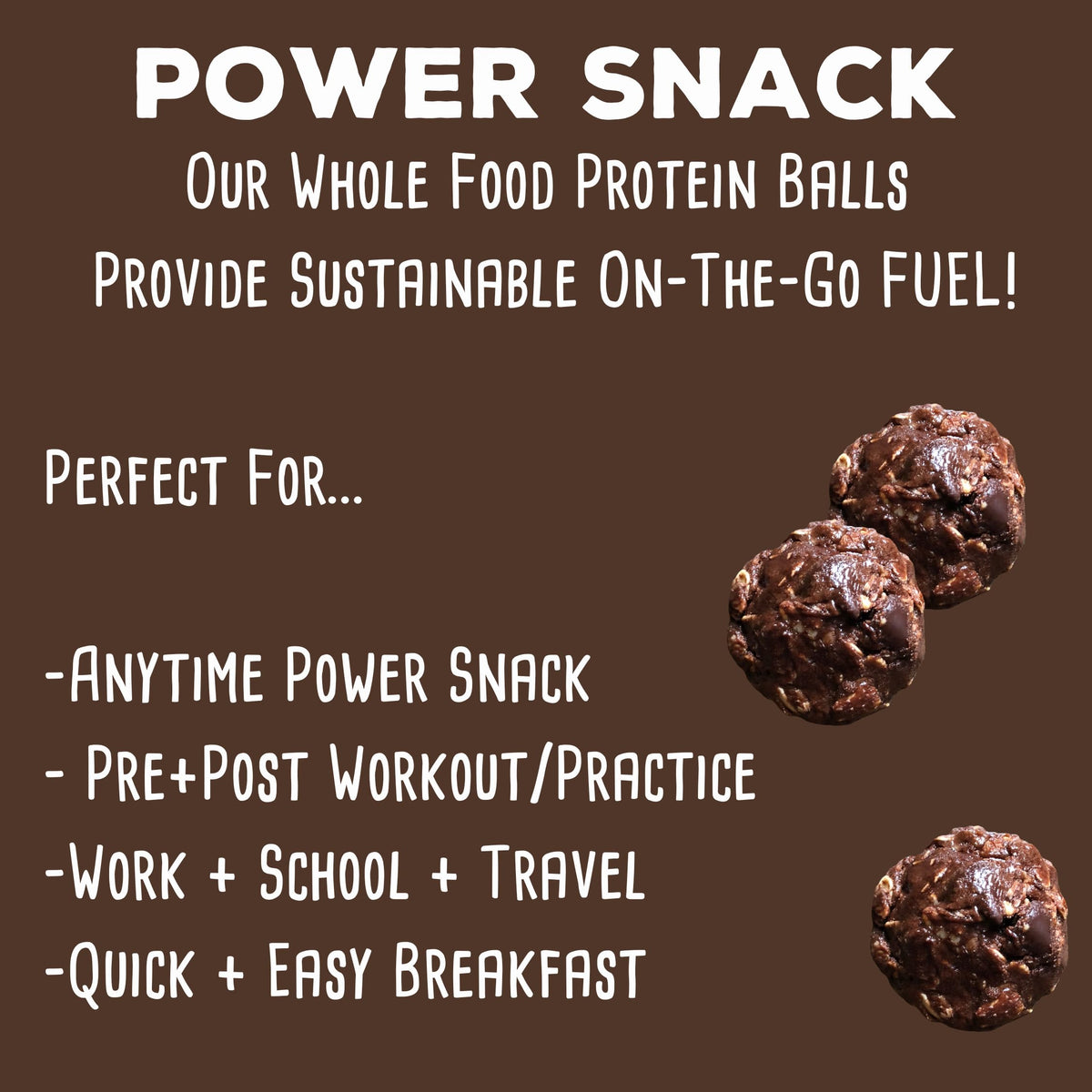 A hand holds a SimplyFUEL Brownie Blast ball for a quick protein boost.
