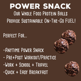 A hand holds a SimplyFUEL Brownie Blast ball for a quick protein boost.