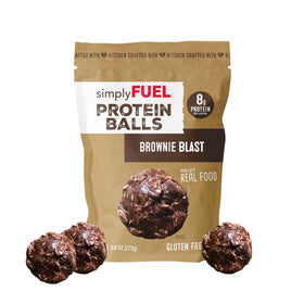 SimplyFUEL Brownie Blast protein balls in resealable packaging for on-the-go snacking.