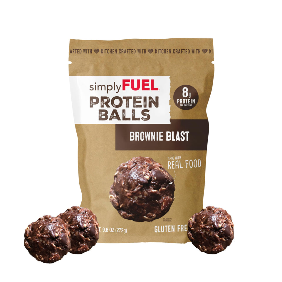 SimplyFUEL Brownie Blast protein balls in resealable packaging for on-the-go snacking.