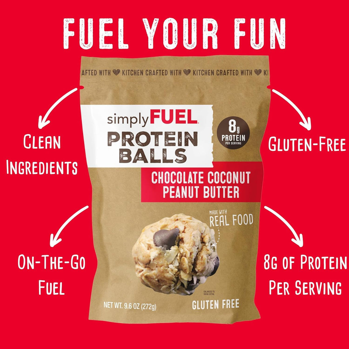 simplyFUEL Protein Balls close-up — chewy texture and honey-sweet flavor.