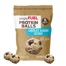 SimplyFUEL protein balls pack shot in chocolate almond coconut flavor for on-the-go fueling.