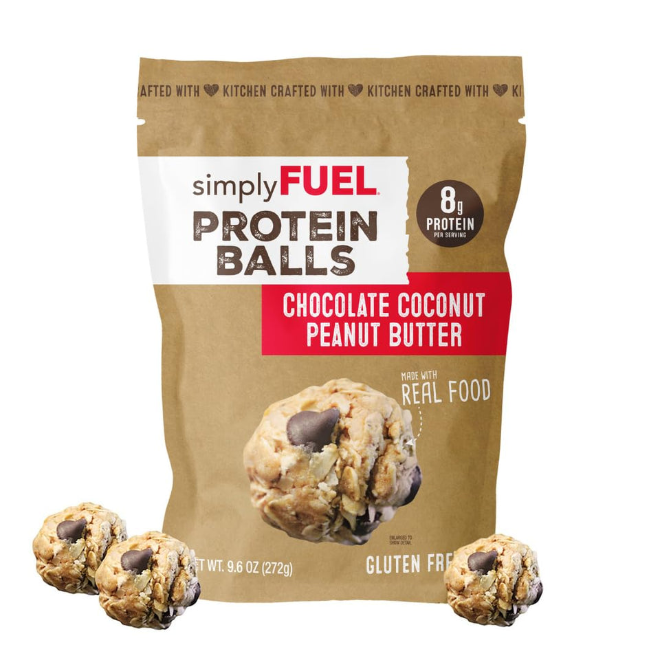 SimplyFUEL protein balls in a jar with peanut butter chocolate coconut flavor for on-the-go fuel