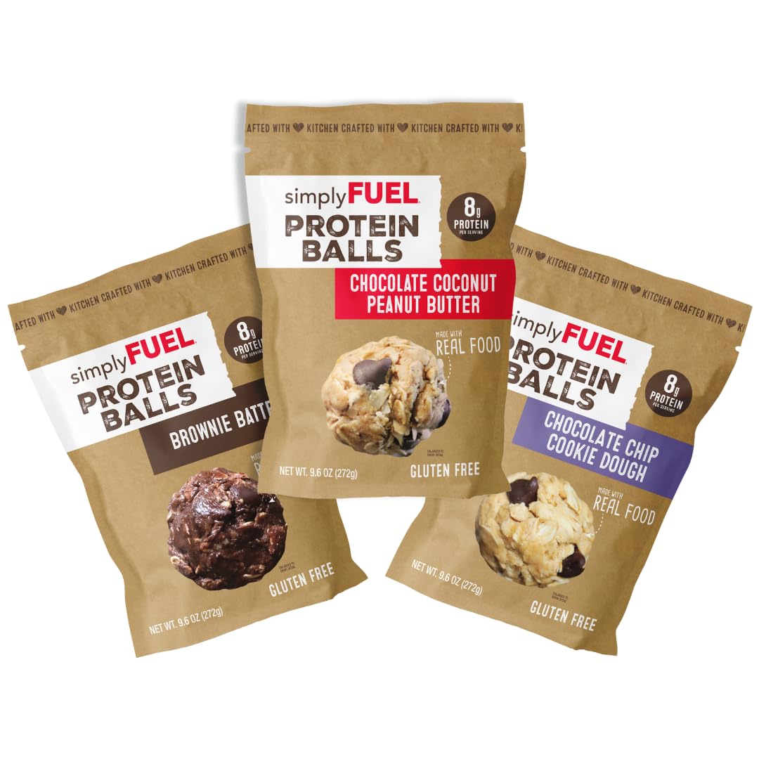 simplyFUEL protein balls variety pack chocolate lovers, front view for on-the-go snacking