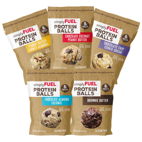 simplyFUEL protein balls variety pack ultimate packaging shows portable, convenient snacks for on-the-go meals.