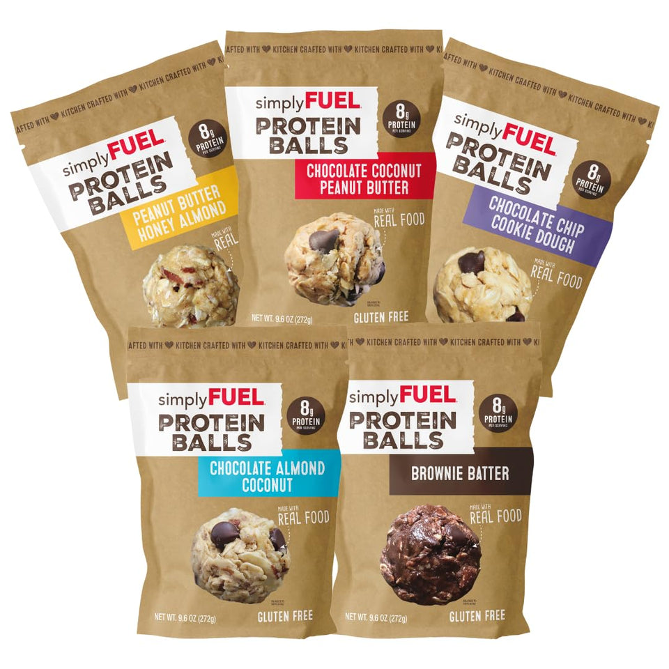 simplyFUEL protein balls variety pack ultimate packaging shows portable, convenient snacks for on-the-go meals.