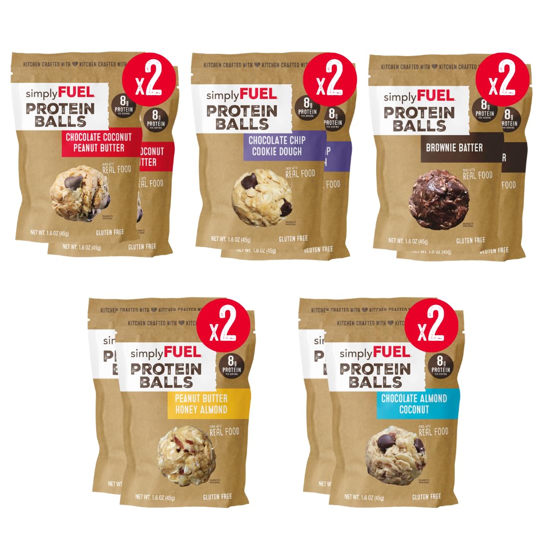 SimplyFUEL protein balls variety pack ultimate in a resealable pouch for on-the-go fueling.