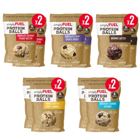 SimplyFUEL protein balls variety pack ultimate in a resealable pouch for on-the-go fueling.