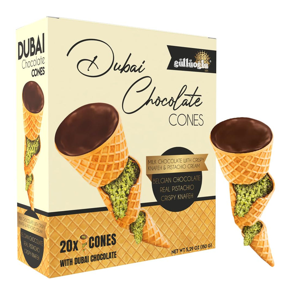 Since 1871 GÜLLÜOGLU pistachio kunafa cone with filling, ideal for sharing.