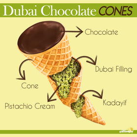 Since 1871 GÜLLÜOGLU cone cross-section shows pistachio filling and kunafa texture.