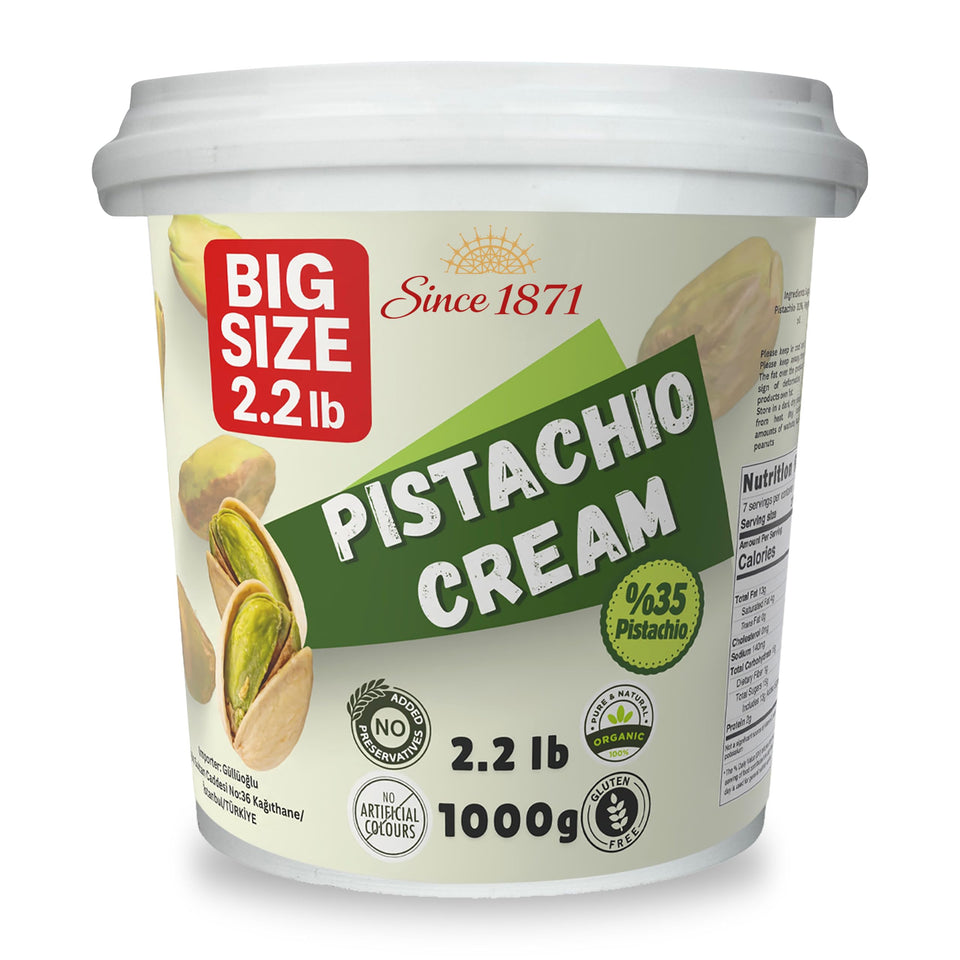 Gulluoglu pistachio cream 1kg bulk tub on wood, premium flavor ready to spread