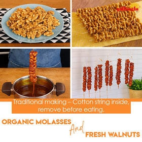 Gulluoglu Walnut Churchkhela closeup reveals walnuts and glossy grape-honey coating.