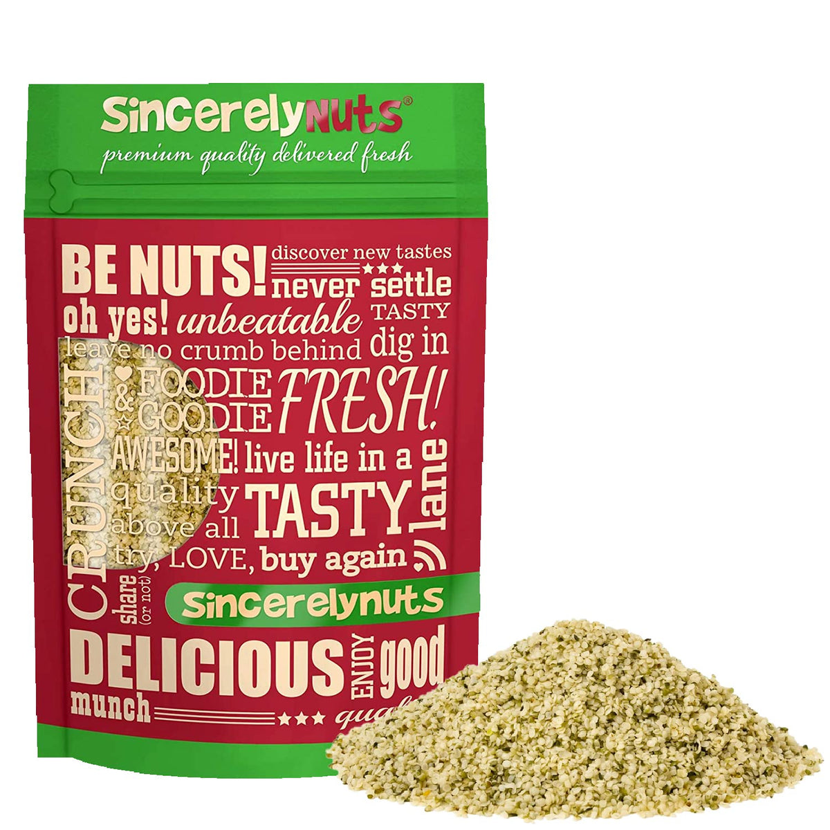 Sincerely Nuts hulled hemp seeds bag showcasing protein-rich plant power for meals.