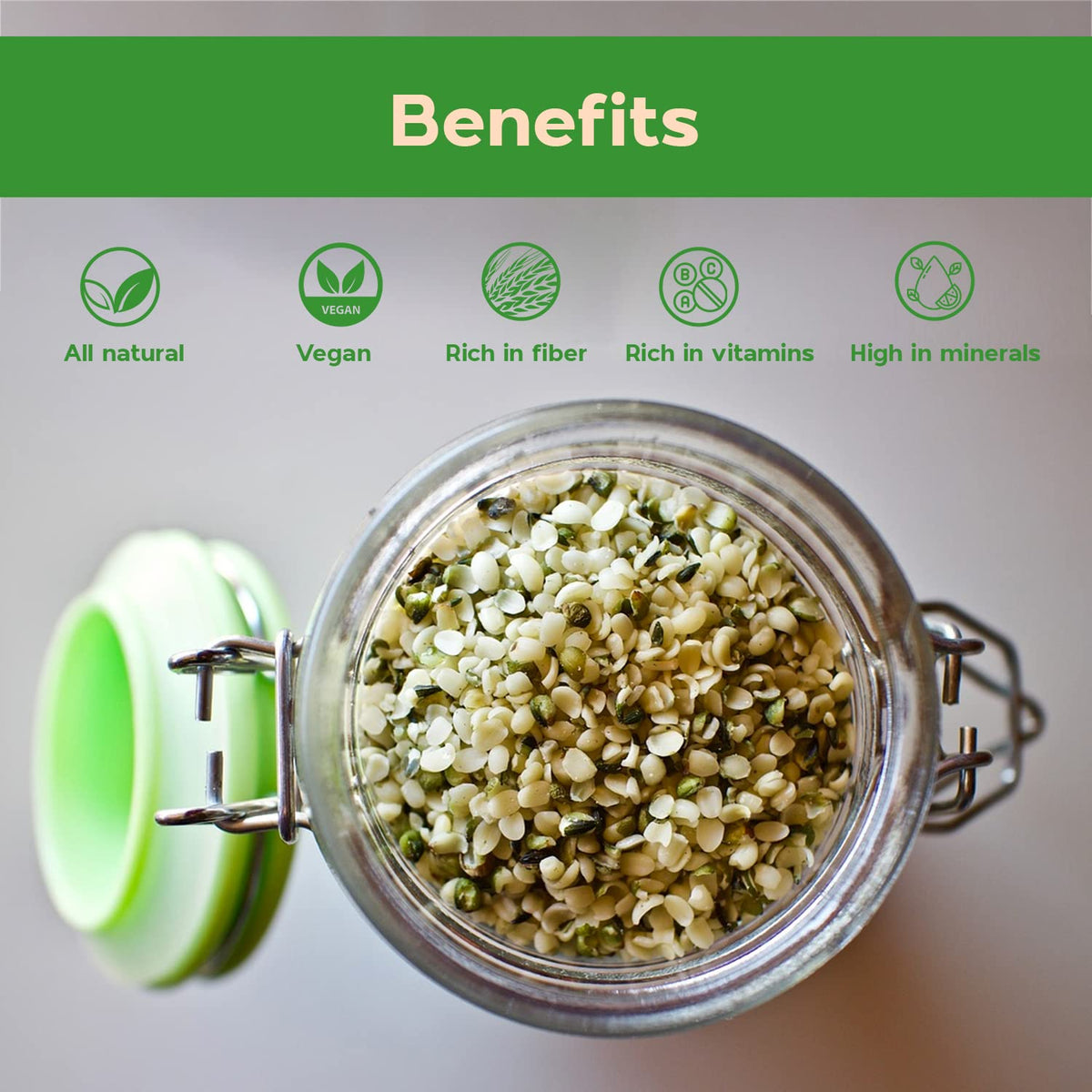Sincerely Nuts hulled hemp seeds portion on spoon, great for snack or topping.