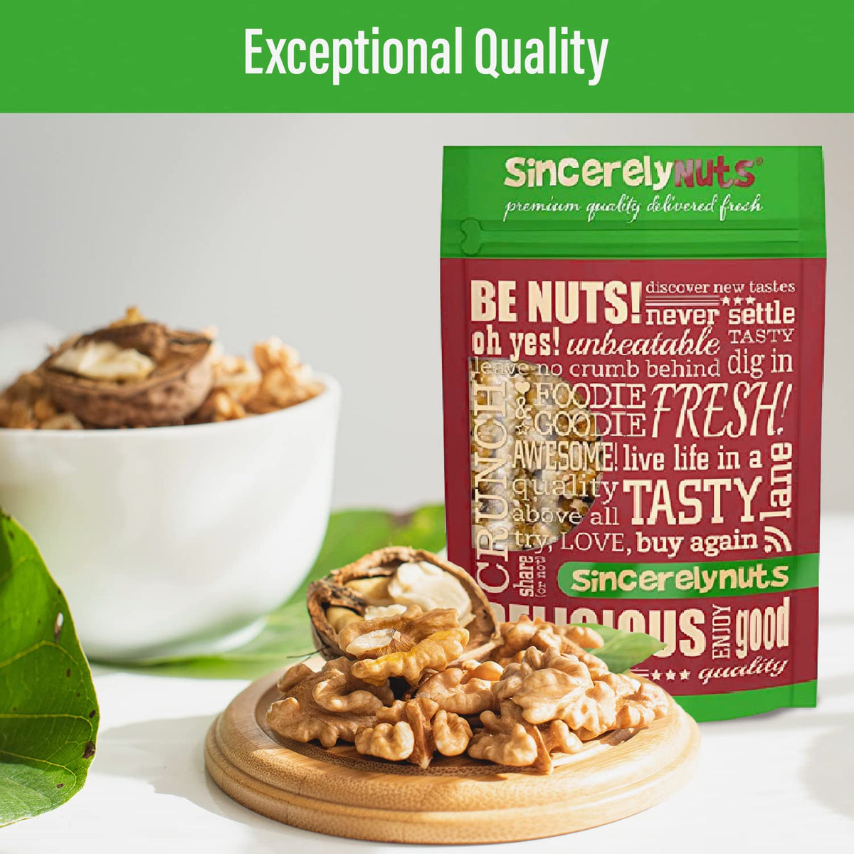 Sincerely Nuts no-shell walnut halves, quick topping for dishes.