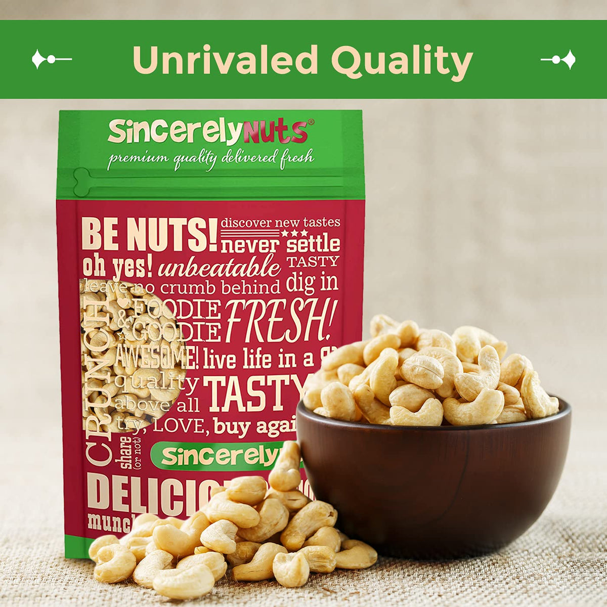 Sincerely Nuts raw cashews close-up showing creamy texture for snacking.