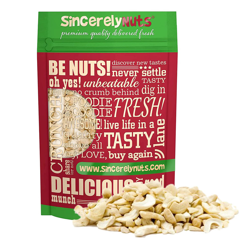 Sincerely Nuts raw cashews pieces unsalted in a bowl, ideal for keto-friendly snacking and recipes.