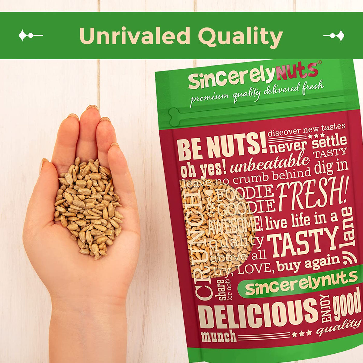 Sincerely Nuts gluten-free, vegan sunflower seeds, certified kosher, versatile everyday snack.