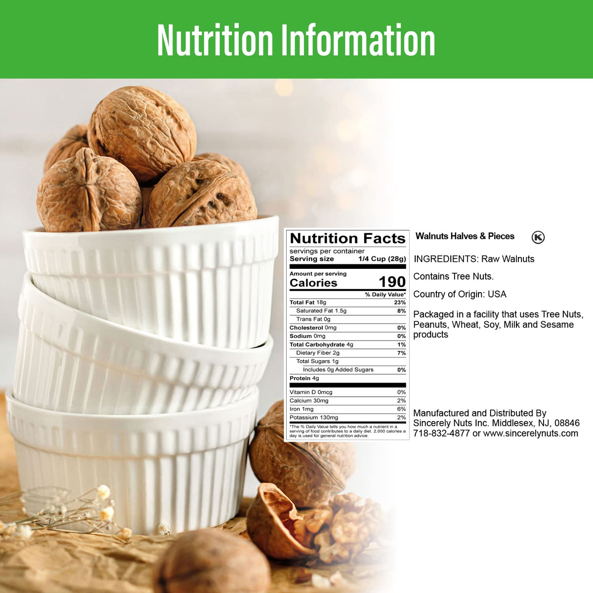 Sincerely Nuts kosher-certified walnuts suitable for gluten-free diets.