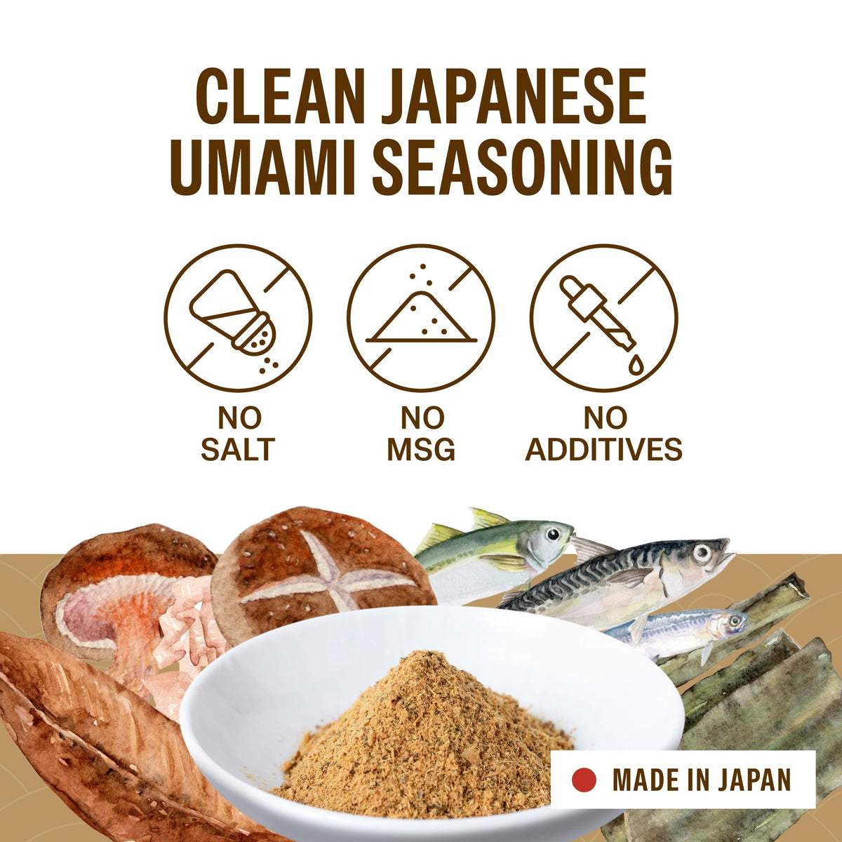 Close-up of Sincerite Sapporo Dashi Powder ingredients with fish, kelp, shiitake.