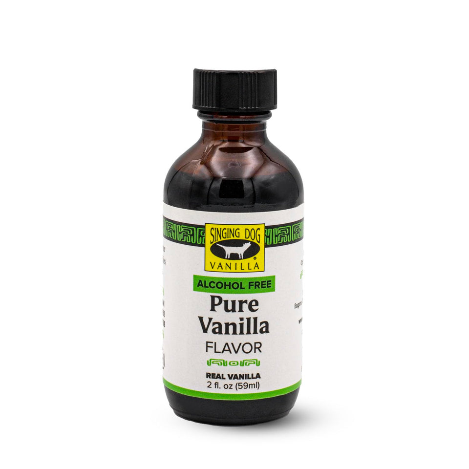 Singing Dog Vanilla bottle front highlighting alcohol-free flavor for baking