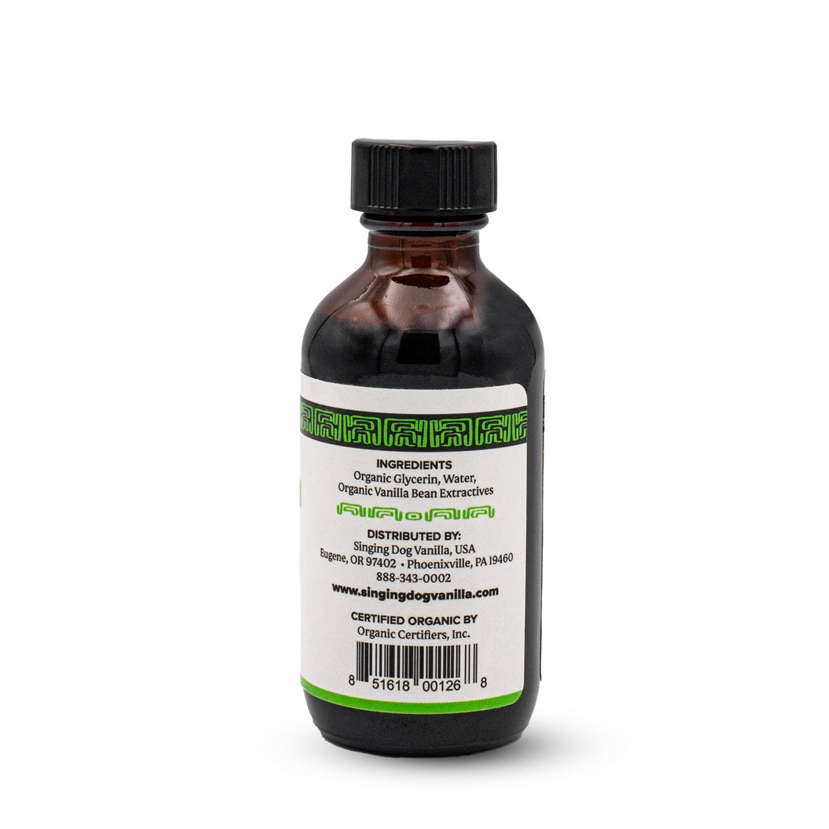 Singing Dog Vanilla bottle side showing glycerin carrier for smooth notes