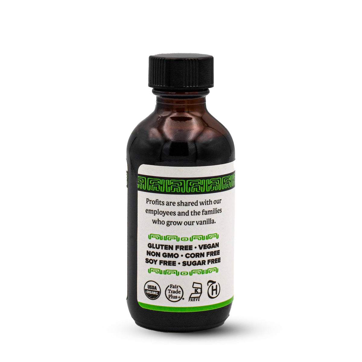 Singing Dog Vanilla label closeup confirms real vanilla beans and fair trade sourcing
