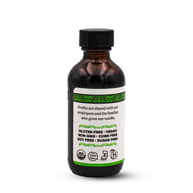 Singing Dog Vanilla label closeup confirms real vanilla beans and fair trade sourcing