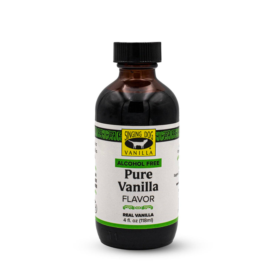 Singing Dog Vanilla Pure Flavor bottle with alcohol-free vanilla aroma for versatile baking