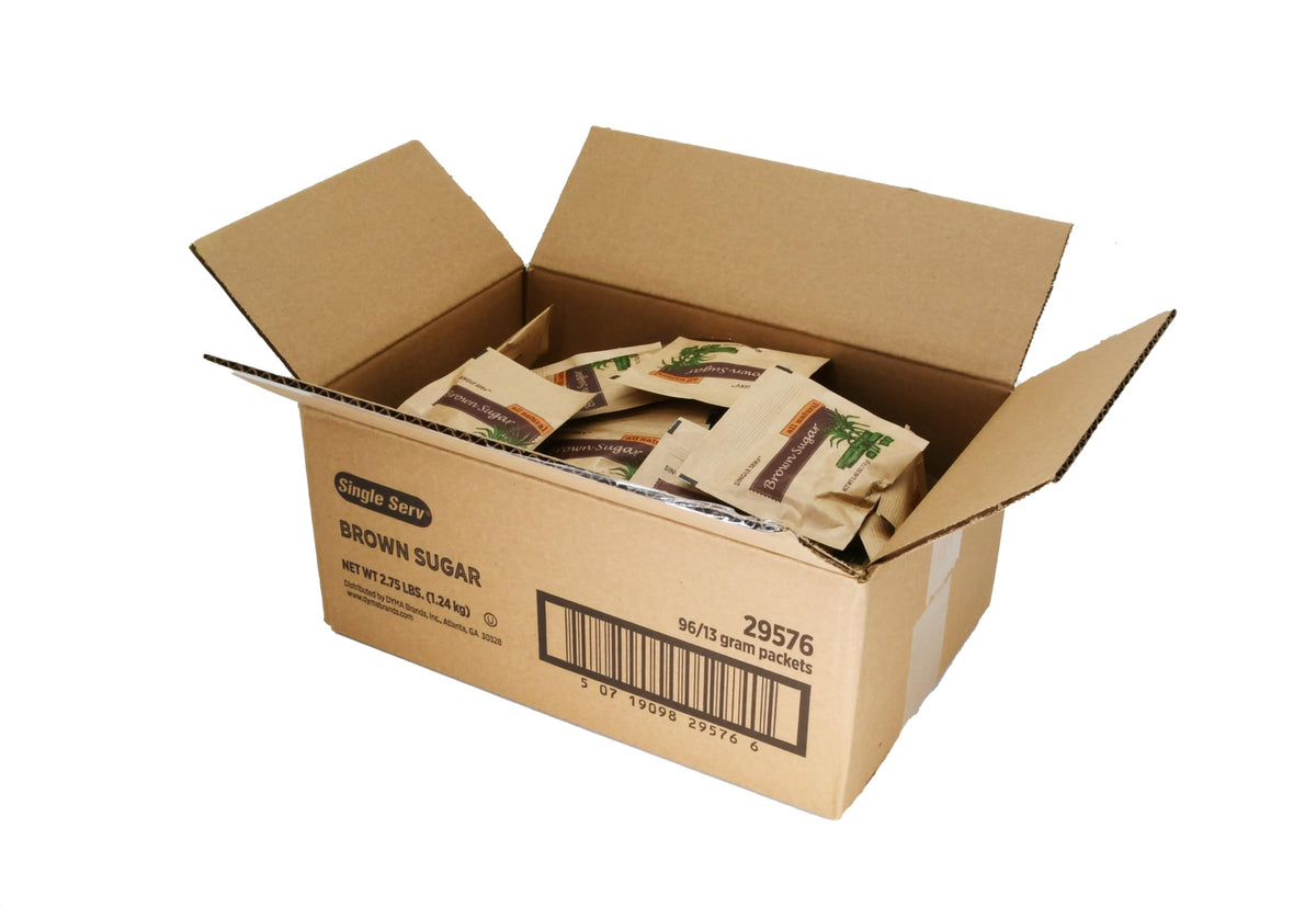 Single Serv brown sugar packets — stacked for organized, ready-to-use sweetness.