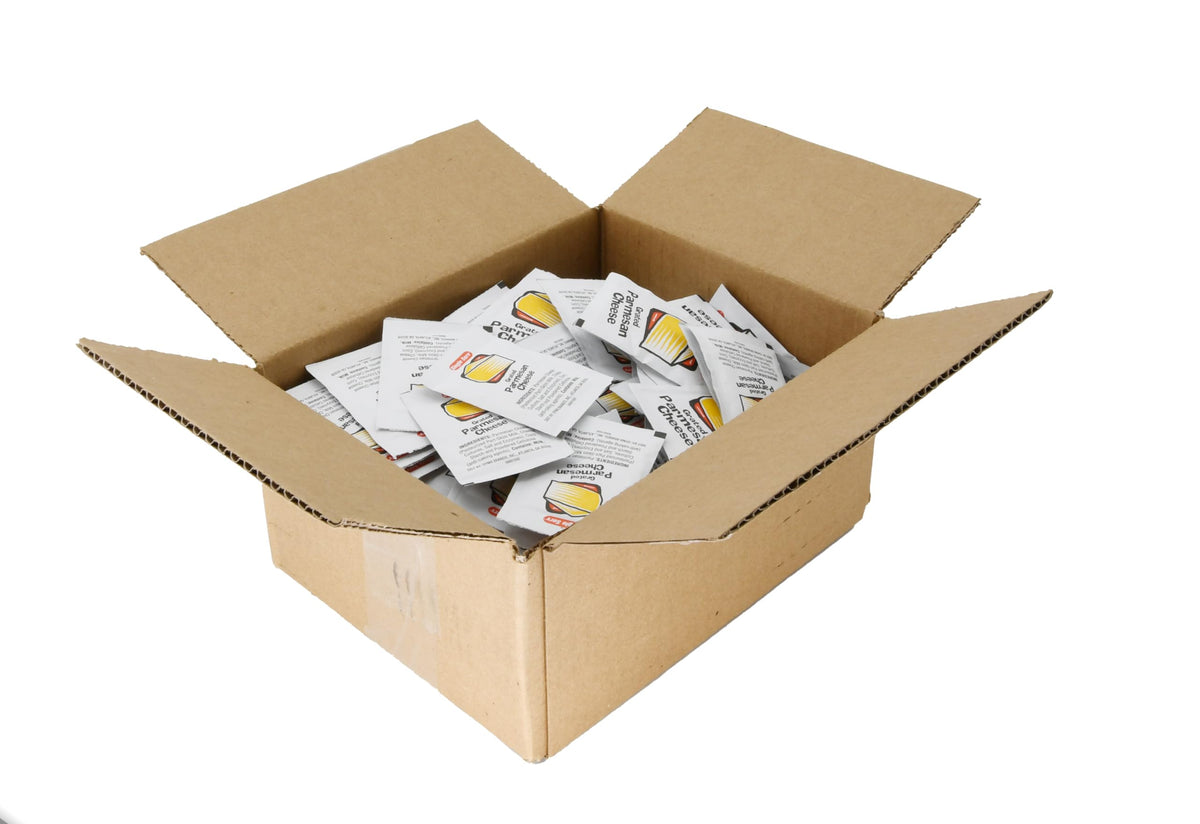 Single Serv Parmesan Packets at a condiment station display for easy use in diners