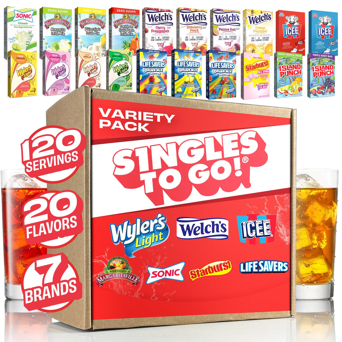 SINGLES TO GO! 120-count bulk variety pack box for convenient hydration and flavor discovery.