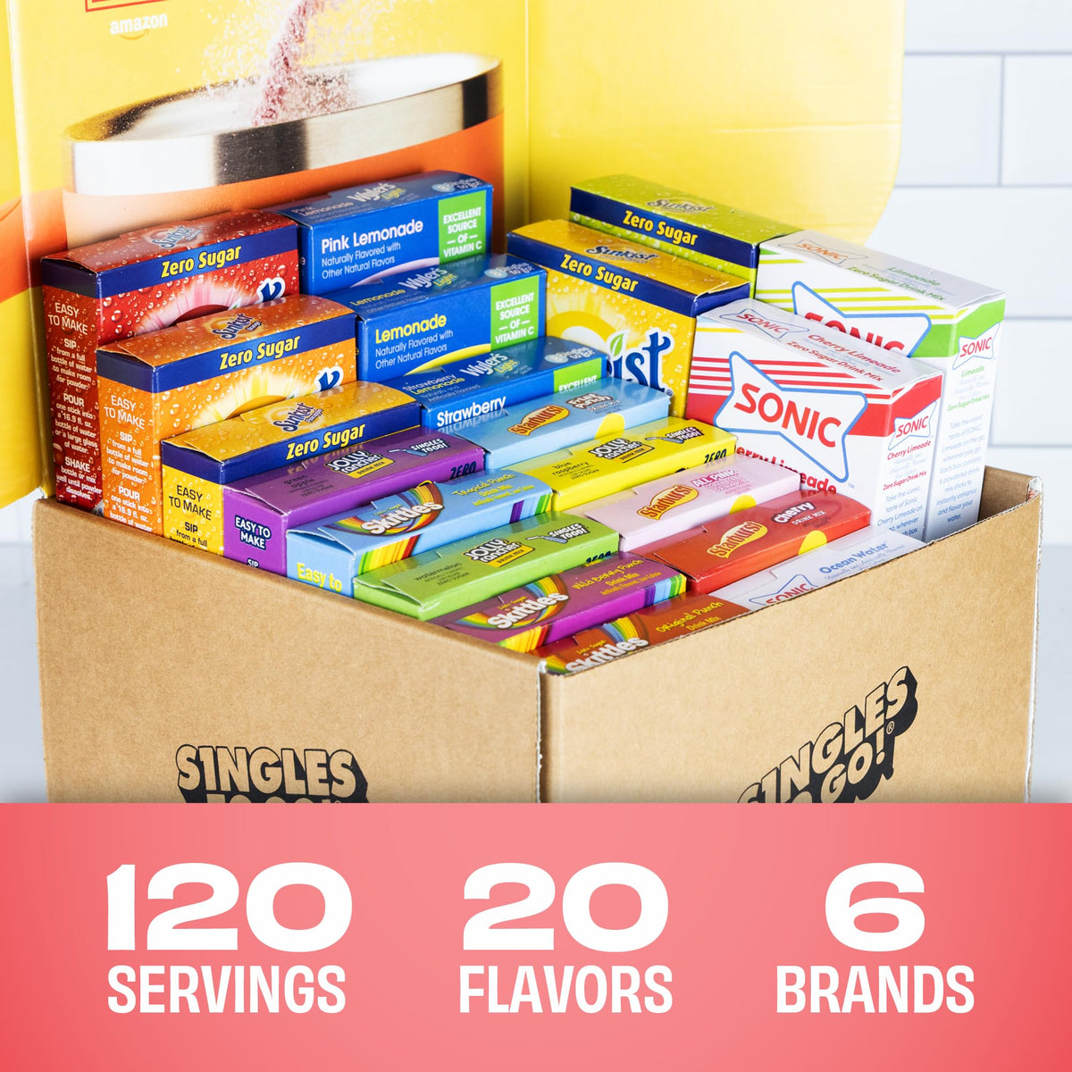 Singles To Go assorted flavors display featuring Sonic Starburst Skittles for variety