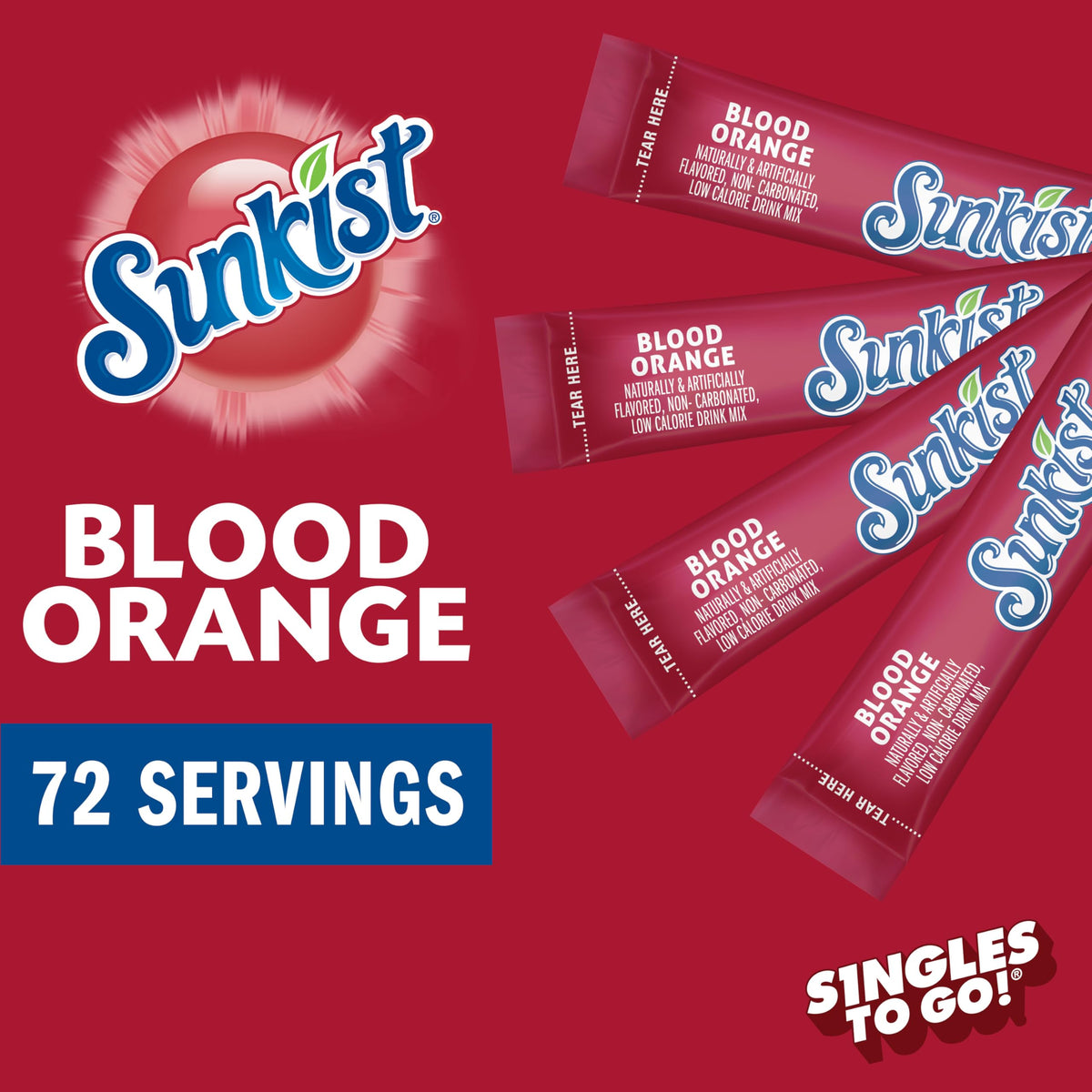 SINGLES TO GO! blood orange box on the counter signals travel-friendly hydration.