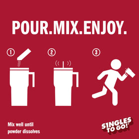 SINGLES TO GO! blood orange glass with stirred powder shows quick mix.