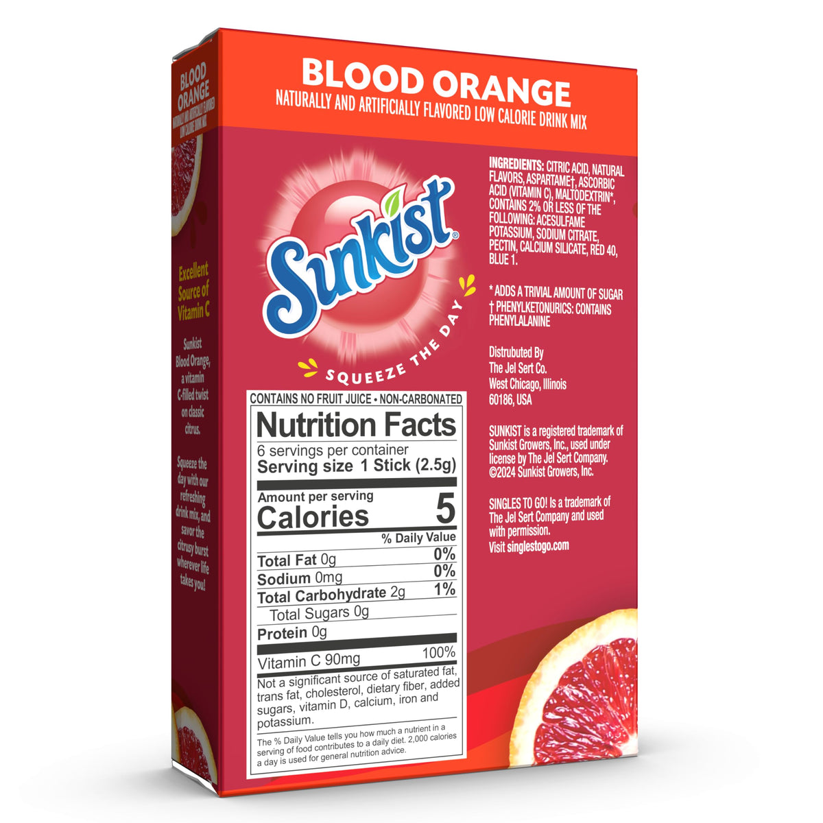 SINGLES TO GO! blood orange packet beside a water bottle highlights easy, pre-portioned sticks.