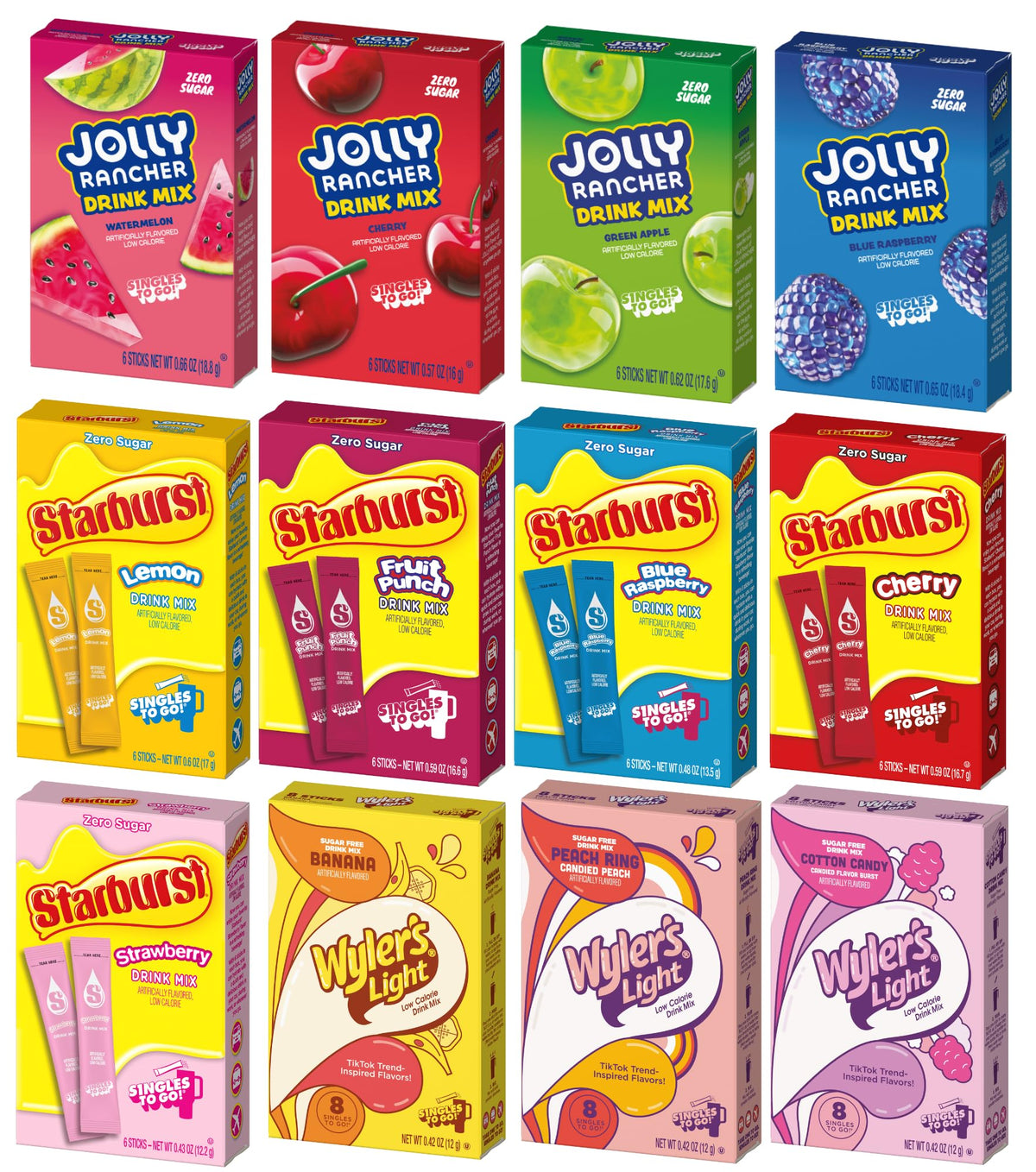 SINGLES TO GO! variety pack with 12 zero-sugar flavors for on-the-go hydration.