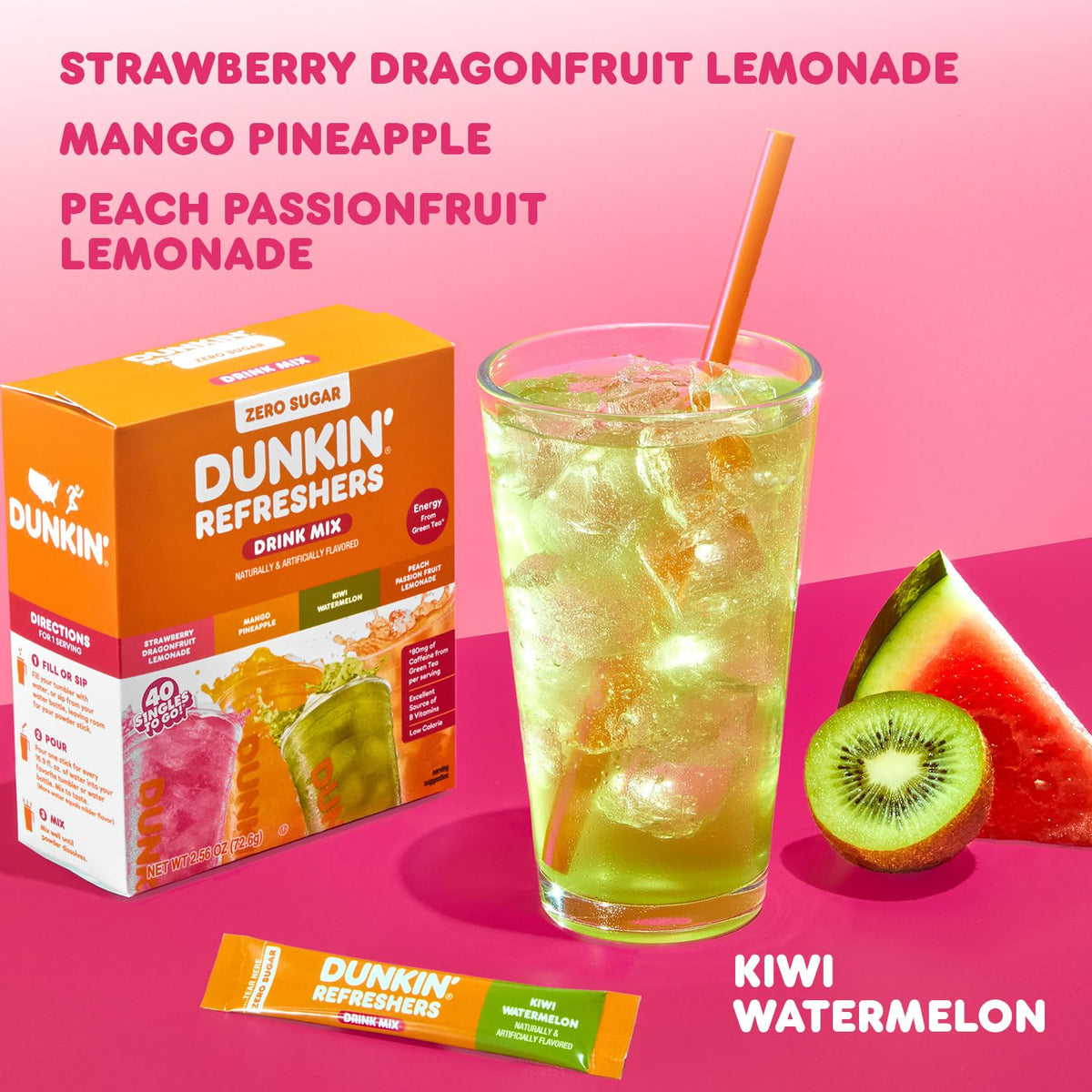Close-up of Dunkin Refreshers packets highlighting convenient single-serve format
