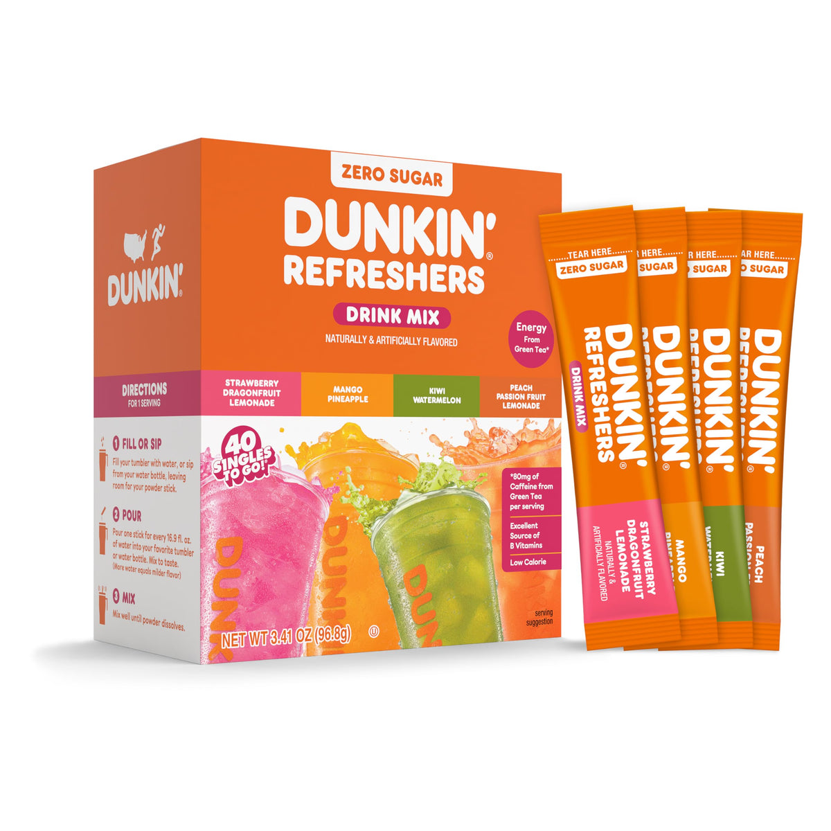 SINGLES TO GO! Dunkin Refreshers variety box shown for on-the-go hydration and flavor variety