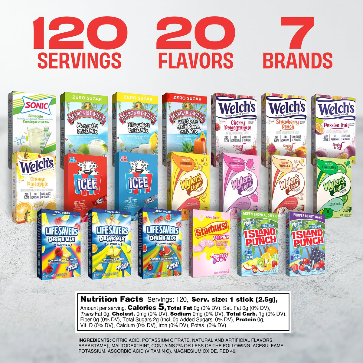 SINGLES TO GO! Flavor variety box closeup showing packets ready to mix in water.