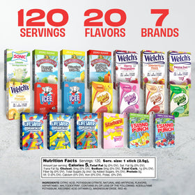 SINGLES TO GO! Flavor variety box closeup showing packets ready to mix in water.
